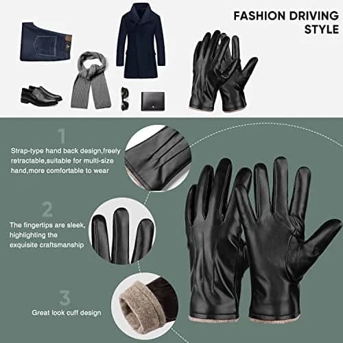 Alepo Men's Winter PU Leather Gloves with Wool Lining & Touchscreen Compatibility (Black, XXL) thumbnail 5