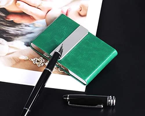 JuneLsy Professional PU Leather Business Card Holder Case with Magnetic Shut - Dark Green | Holds 15-20 Cards thumbnail 7