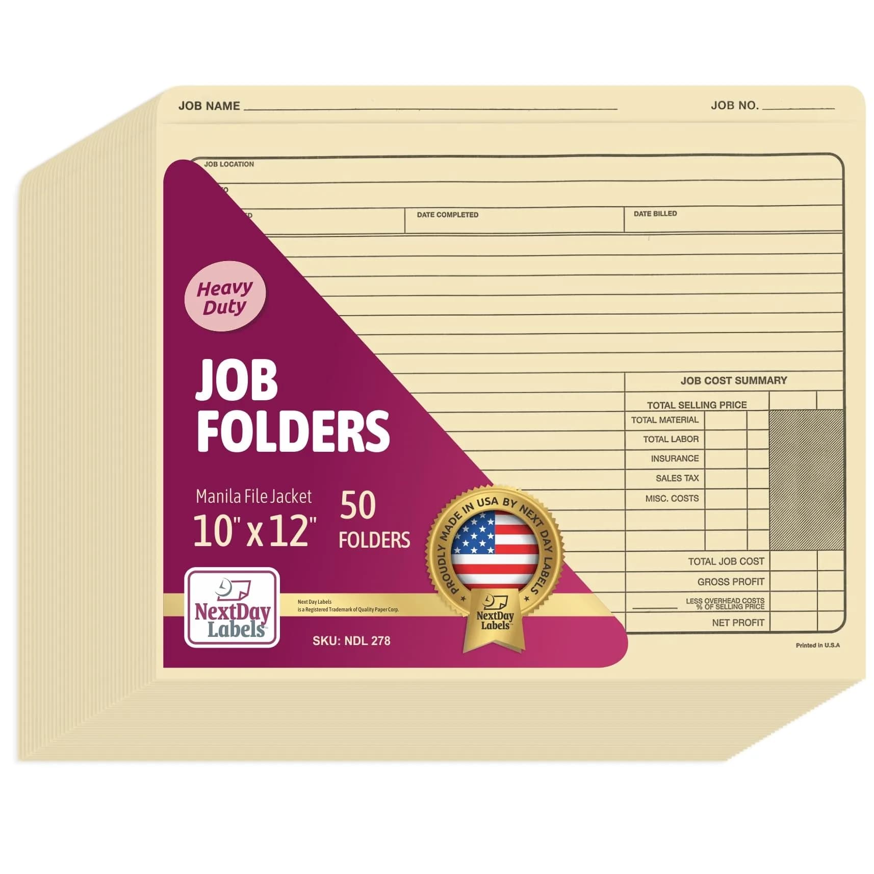 NextDayLabels Job Folders Manila File Jacket 10" x 12" | Heavyweight, Preprinted, USA Made - main product image