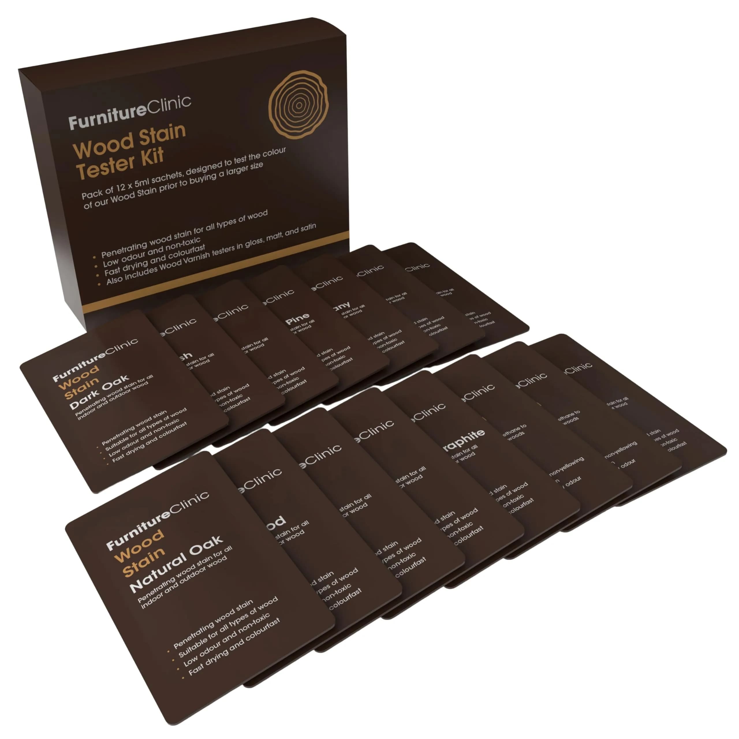Furniture Clinic Wood Stain Tester Kit (9 x 15ml / 4.5 Fl Oz) | Water-Based, Fast-Drying, Concentrated Formula