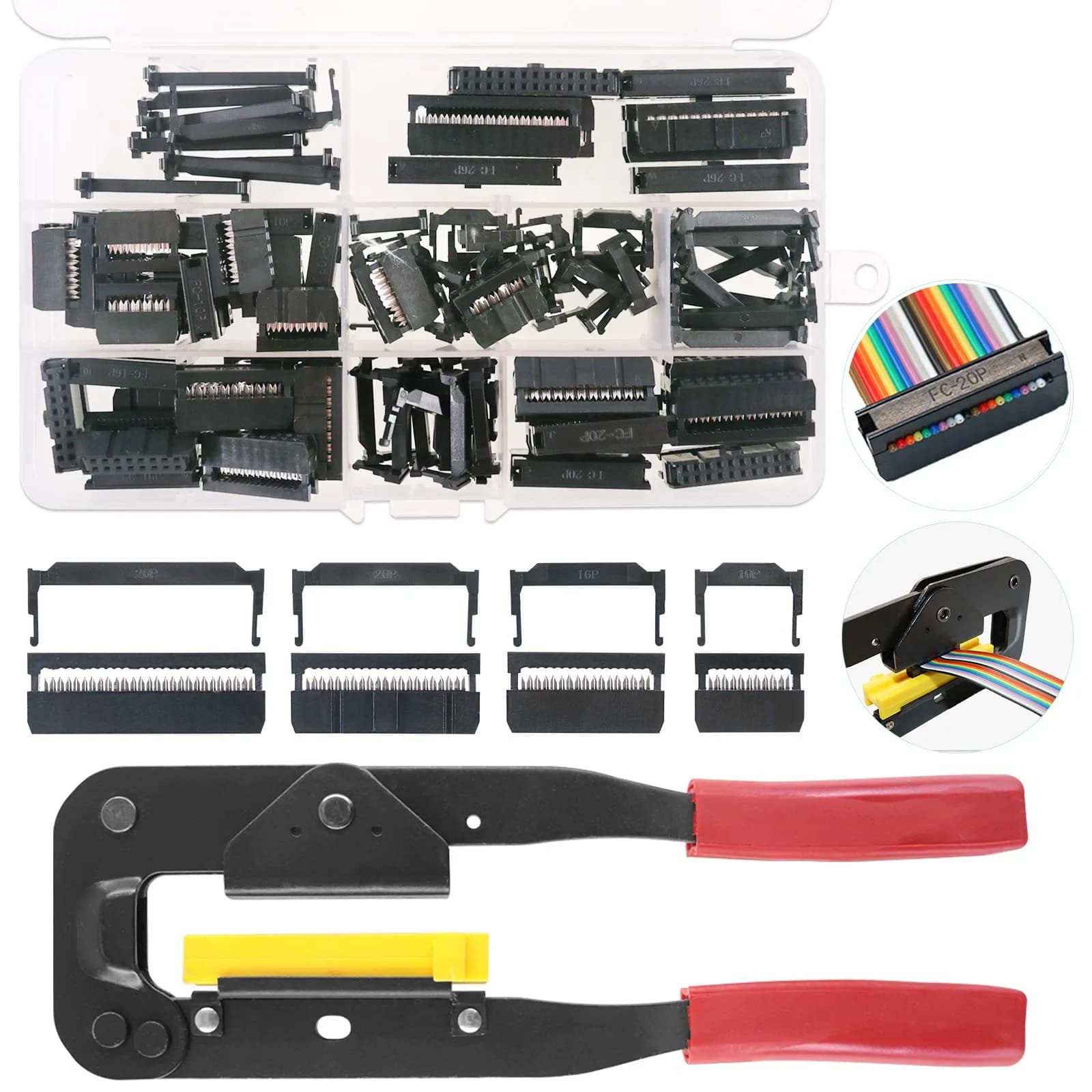 Keadic IDC Cable Connector Kit with Crimp Tool, 49 Pieces FC-10/16/20/26 Pin Female Header 2.54mm Pitch | For Flat Ribbon Cable Assembly