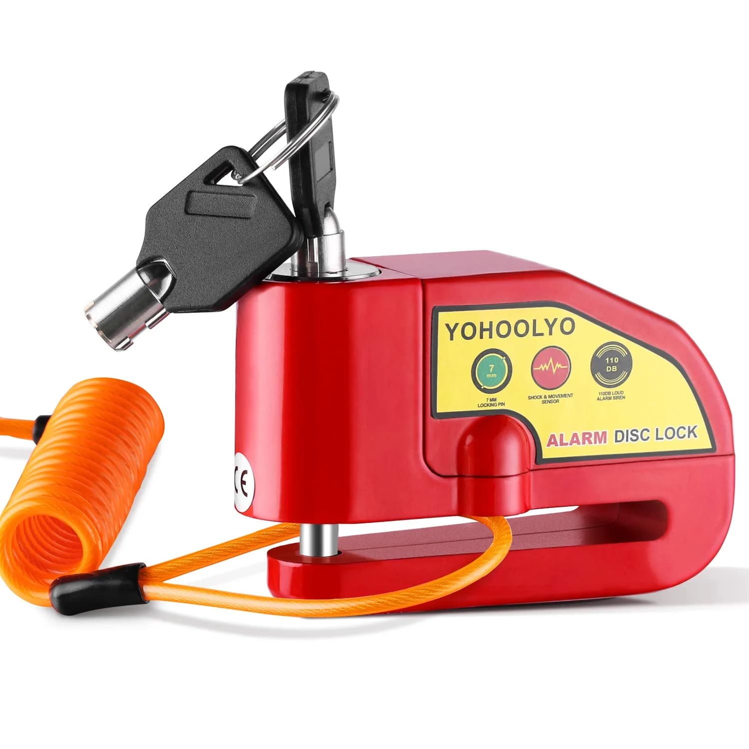 YOHOOLYO Alarm Disc Lock Motorcycle Disc Brake Lock Anti-Theft Waterproof 110 db 7mm Pin | Heavy Duty Anti-Theft Device — Red