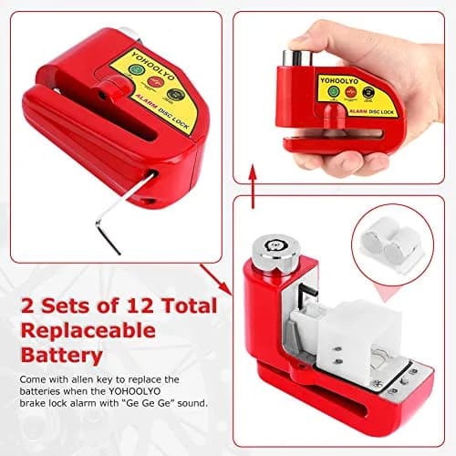 YOHOOLYO Red Motorcycle Alarm Disc Lock with 5ft Reminder Cable | Anti-Theft 110dB Waterproof Security thumbnail 5