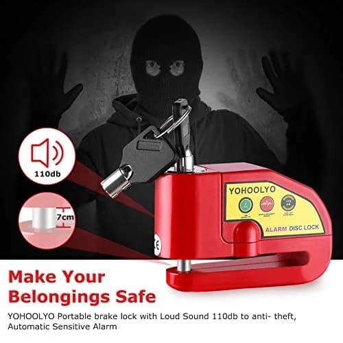 YOHOOLYO Red Motorcycle Alarm Disc Lock with 5ft Reminder Cable | Anti-Theft 110dB Waterproof Security thumbnail 2