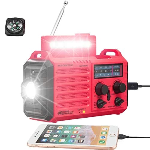 Mesqool Emergency Weather Radio NOAA Alert with 5000mAh Battery Backup, AM/FM/SW, Hand Crank, Solar, Red | Portable Survival Tool with LED Flashlight & SOS Alarm thumbnail 1