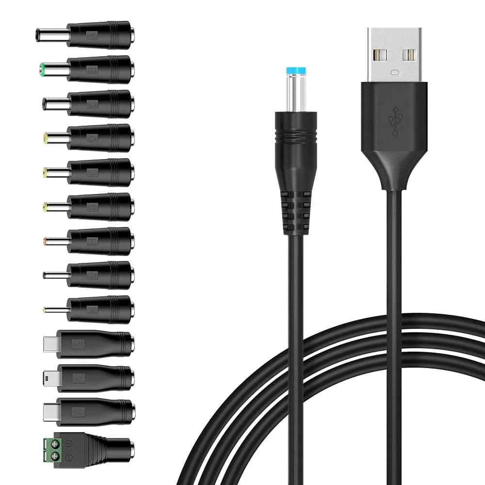 Belker Universal USB to DC 5V Power Cord with 13 Tips | 1.5M Black Cable for 5V Devices