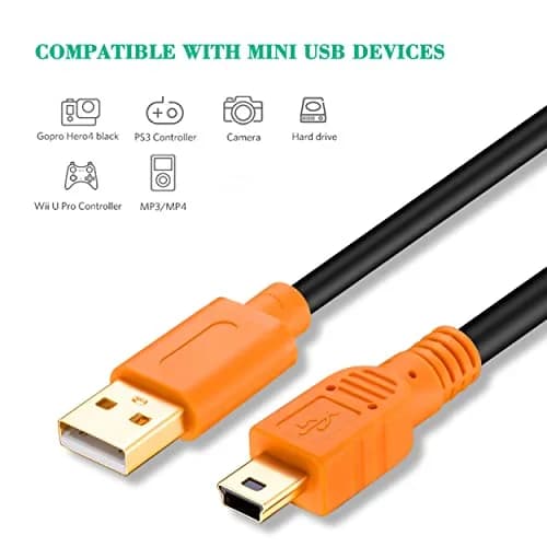 Tan QY Mini USB Cable 12ft (3.66m) Orange | USB 2.0 Type A to Mini B 5-Pin Male Cord for Cameras, MP3 Players, GoPro thumbnail 7