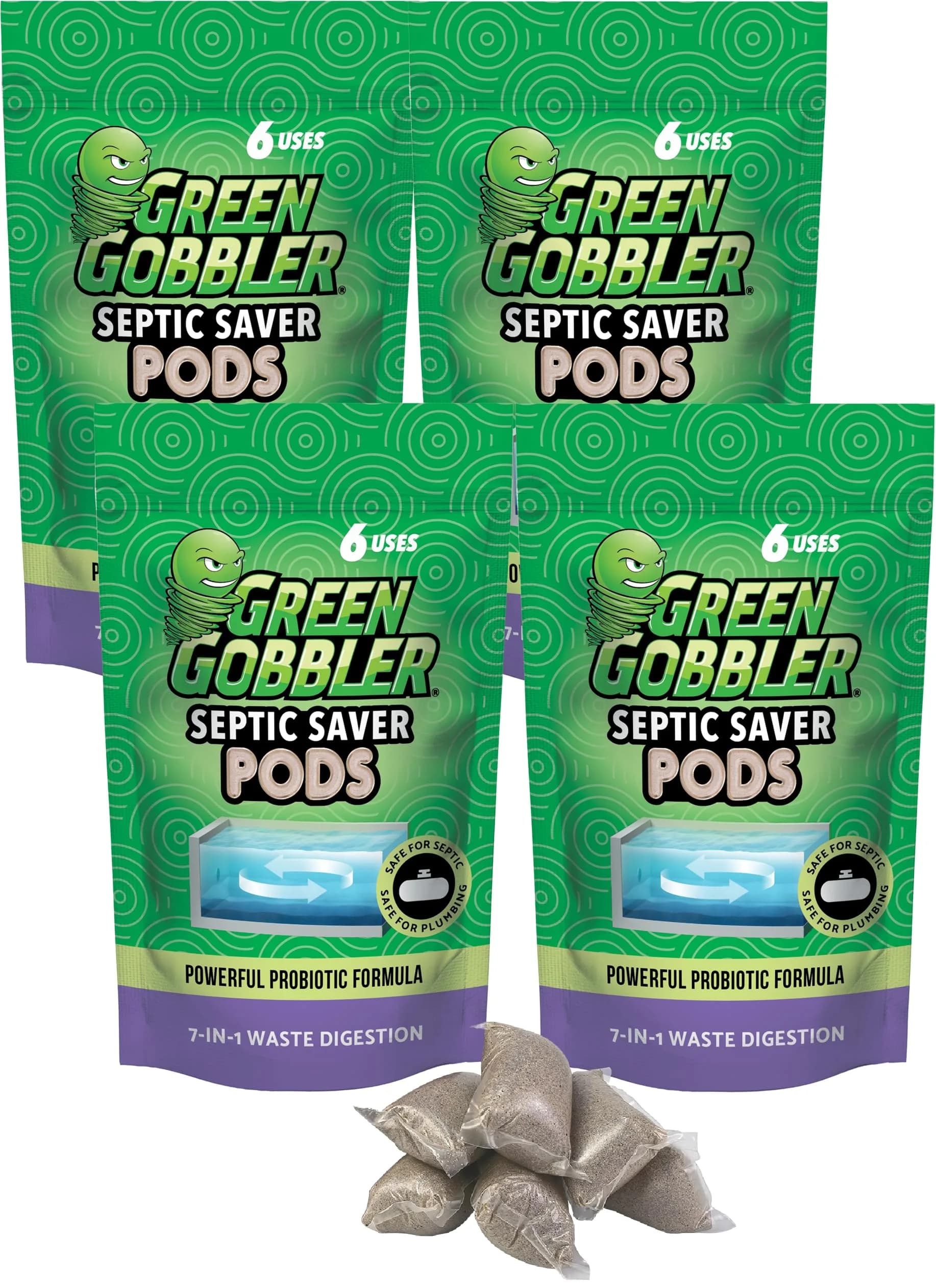 Green Gobbler Septic Tank Enzyme Treatment Packets | 6-Month Supply for Septic Care — 24 Pods