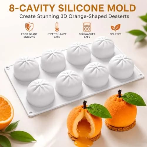 OCPO Kitchen Orange Silicone Mold for Baking Mousse Cake, 8 Cavities | Non-Stick Easy Release Dessert Chocolate Candy Jelly Ice Cream thumbnail 4
