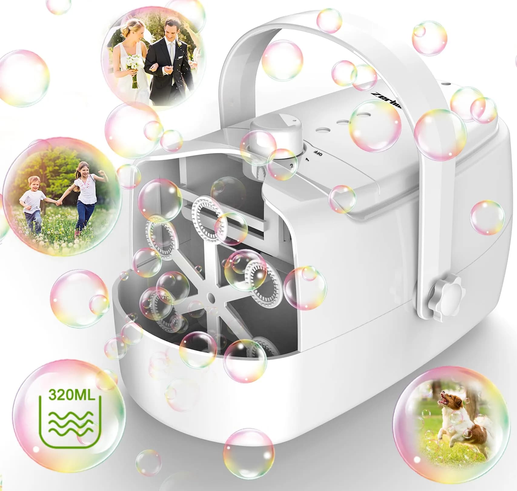 Zerhunt Automatic Bubble Machine Blower with Dual Power Supply | 18000+ Bubbles/Min, Portable for Parties & Outdoors — White
