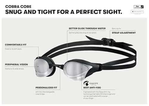ARENA Unisex Cobra Core Swipe Racing Swim Goggles Pro Competitive Swimmers Adult Men Women Anti-Fog Coating Polycarbonate Hard Mirrored Lens, Silver/Black thumbnail 2