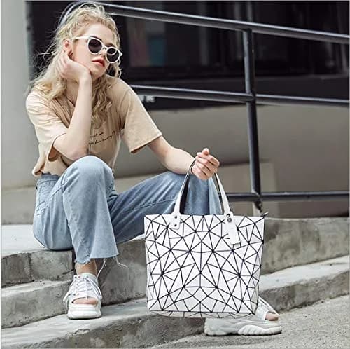 Ulalaza Geometric Lattice Top-handle Handbag for Women 12" x 5" x 10" | Waterproof Faux Leather thumbnail 5