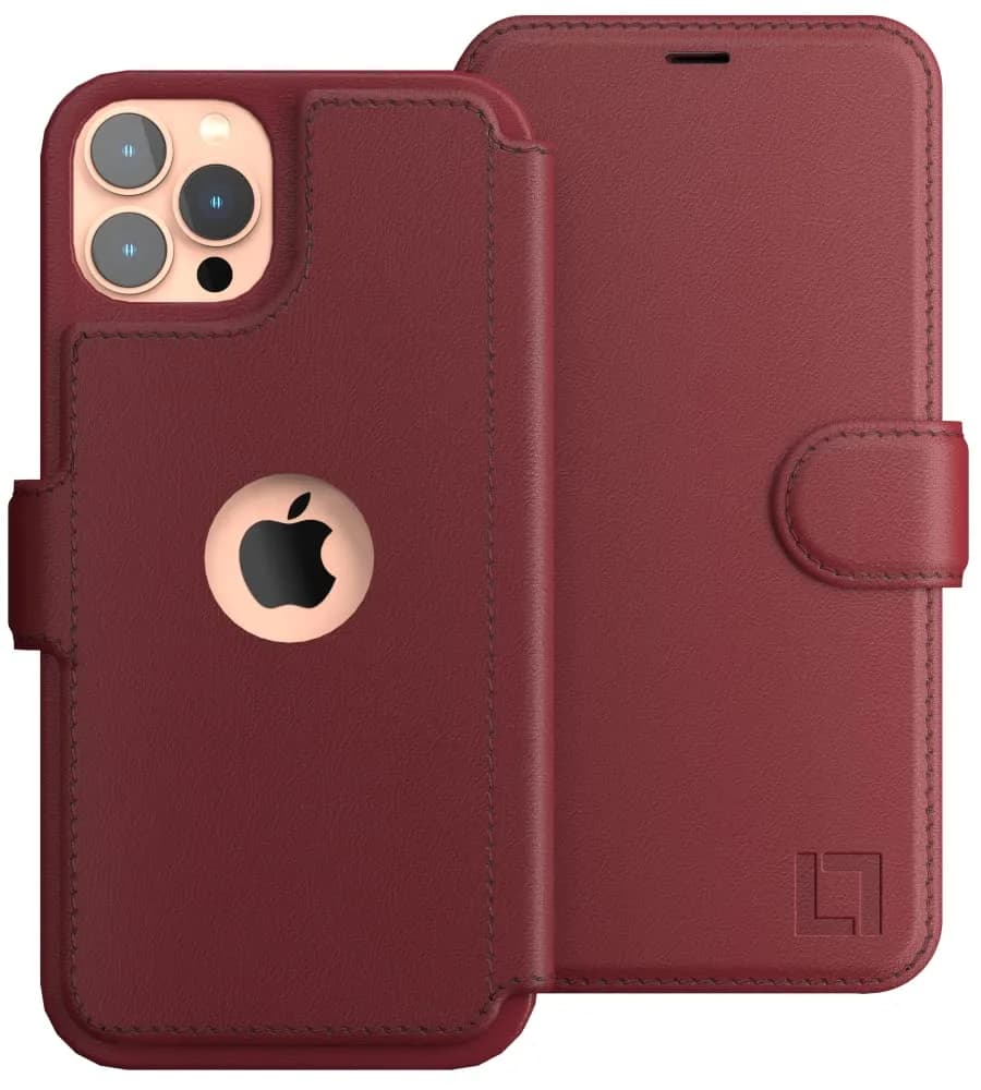 LUPA Legacy Wallet Case for iPhone 13 Mini | Slim Durable Faux Leather Folio Cover — Burgundy