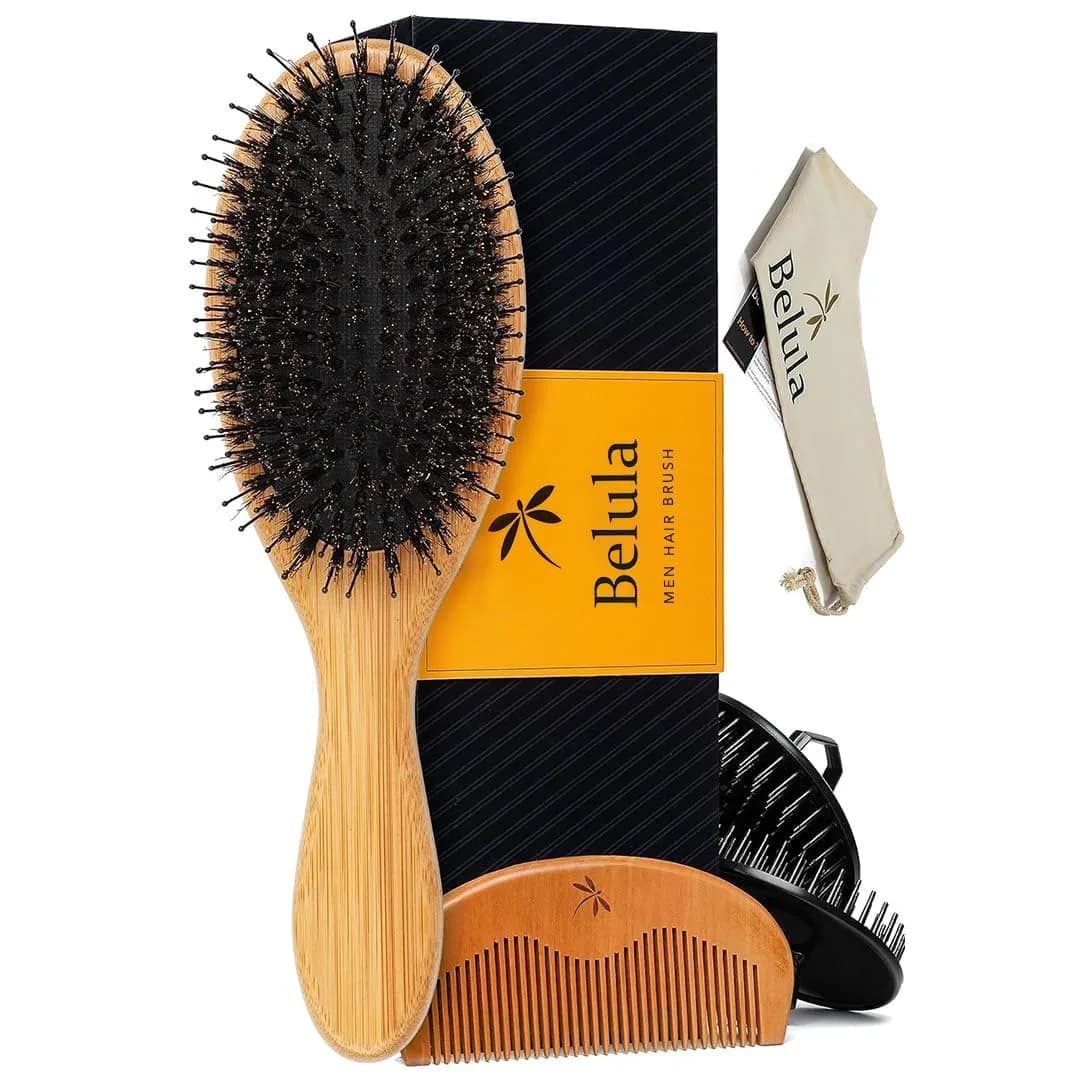 Belula Men's Hair Grooming Set, Boar Bristle & Nylon Brush, Comb, Bag | Natural Conditioning & Styling - main product image