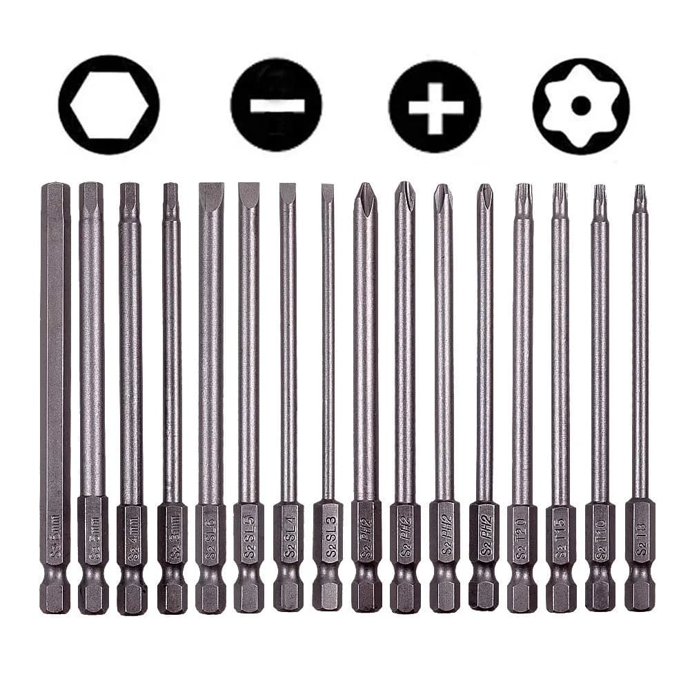 Rocaris 12 Pack 100mm (3.93") Hex Shank Magnetic Screwdriver Bits Set | S2 Steel, Slotted & Cross Head — 16Pcs(Slotted+Cross+Hex+Plum Blossom)