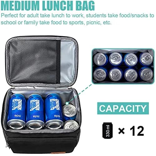 Tiblue Insulated Lunch Bag for Women/Men | Leakproof, Reusable, Thermal, Adjustable Strap (Medium,Black) thumbnail 3