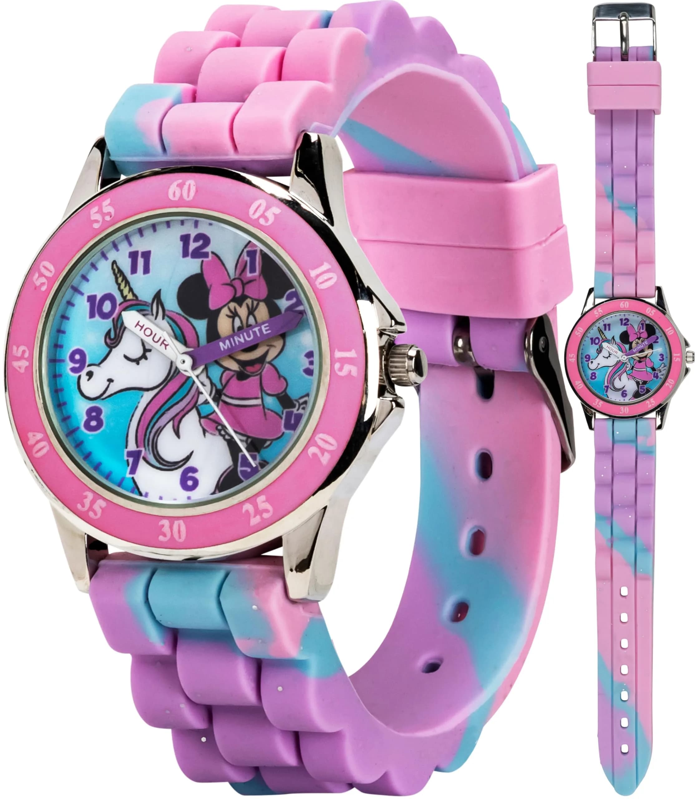 Accutime Disney Minnie Mouse Kids' Time Teacher Watch – Pink Rubber Strap, Analog Dial, 33mm Case | Educational Watch for Girls — Pink/Purple