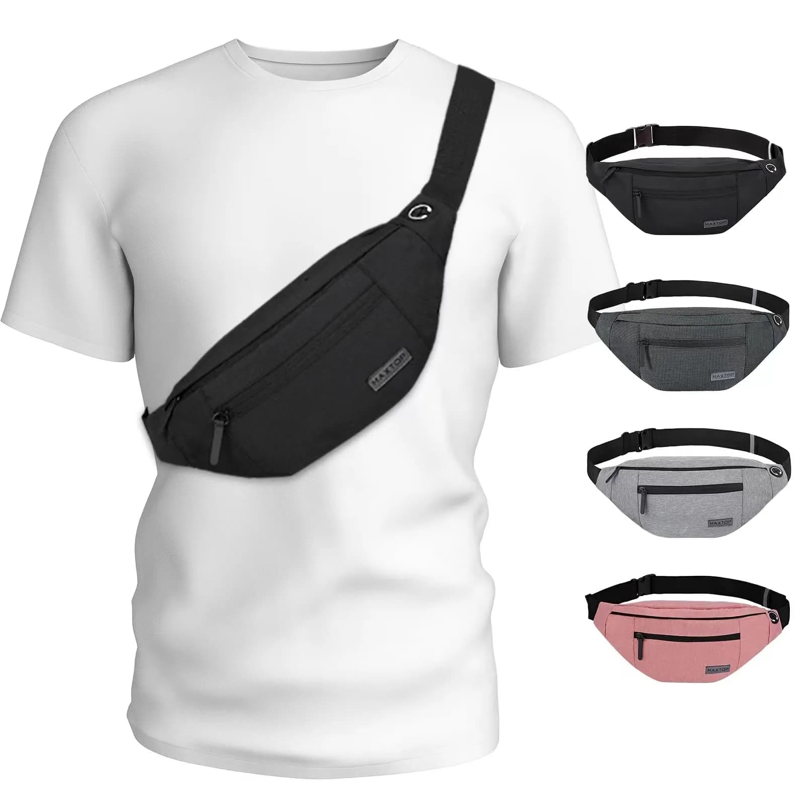 MAXTOP Large Fanny Pack for Women Men Crossbody Bag with 4-Zipper Pockets | Hands-Free, Adjustable Waist, Water-Resistant - main product image