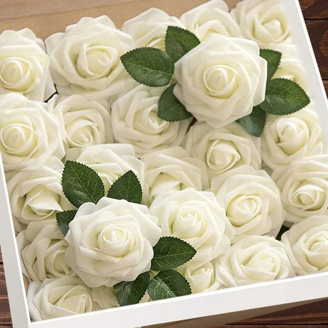 Higfra Artificial Latex Foam Roses with Stems (25 Count, Cream) | Realistic Fake Flowers for DIY Arrangements
