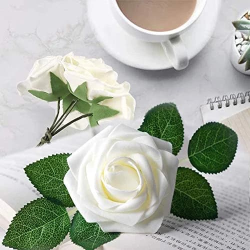 Higfra Artificial Latex Foam Roses with Stems (25 Count, Cream) | Realistic Fake Flowers for DIY Arrangements thumbnail 3