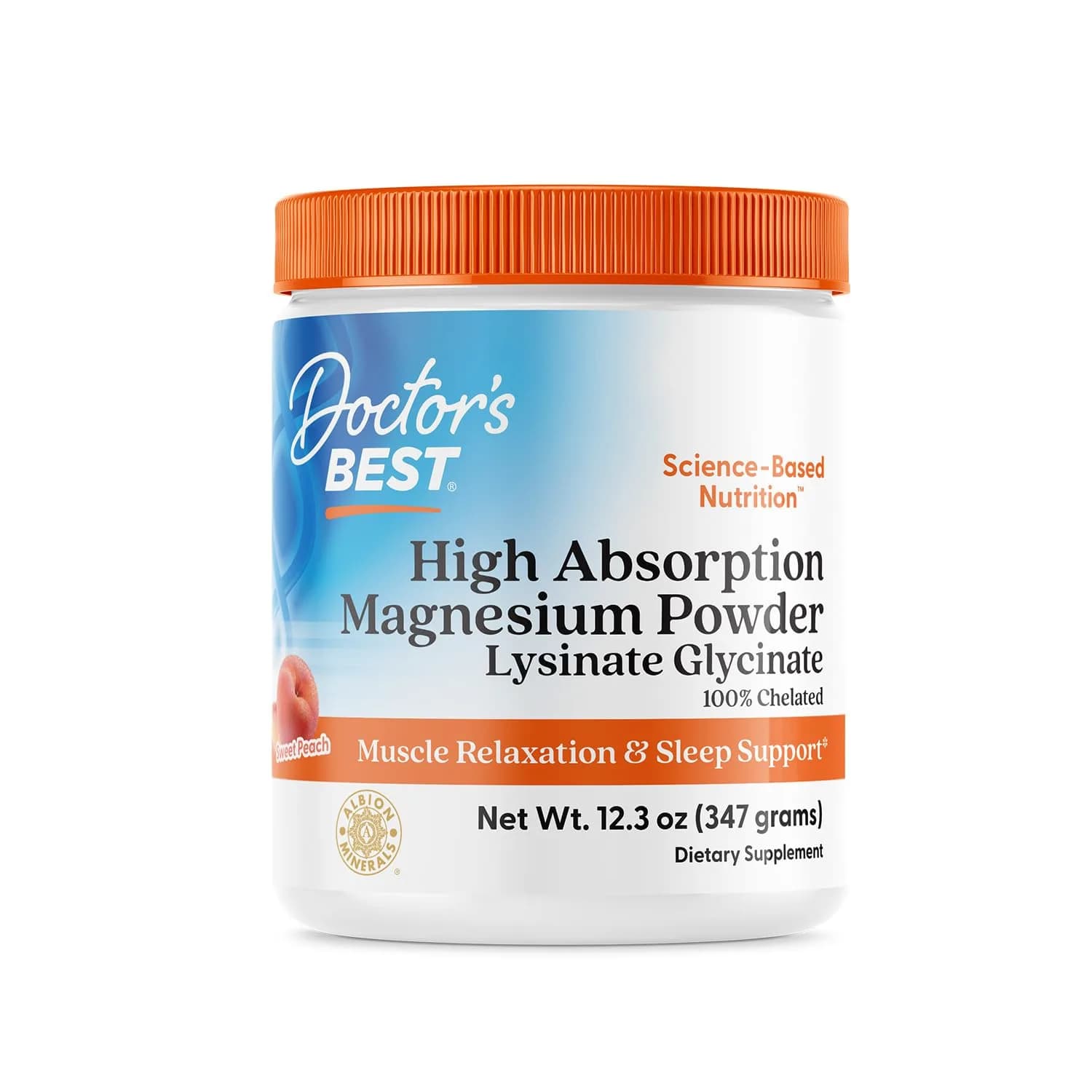 Doctor's Best Magnesium Glycinate Powder Peach Flavor 12.3 oz (349 g) | High Absorption Supplement for Calm & Sleep — 12.3 Ounce
