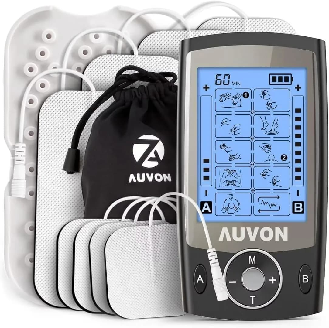 AUVON Dual Channel TENS Unit Muscle Stimulator Machine 16 Piece Set | Drug-Free Pain Relief for Shoulder, Lower Back, Knee — Black