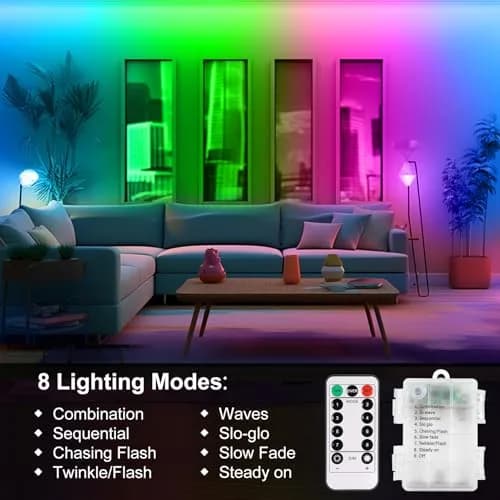 echosari Multicolor LED Strip Lights, 9.8ft (3m) Battery Operated with Remote, 8 Modes, Dimmable, Timer, Self-Adhesive thumbnail 3
