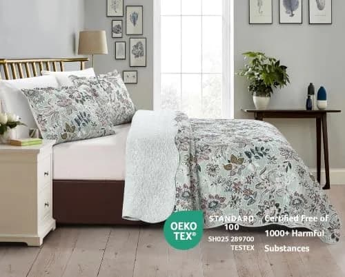 Brilliant Sunshine Green Bedding Set Full/Queen | Vintage Floral Design, All Seasons, Microfiber thumbnail 2
