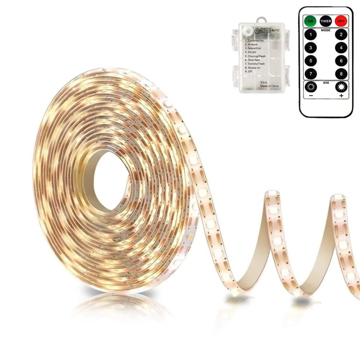 echosari Battery Powered LED Strip Lights 3m (9.8ft) with Remote, 8 Modes, Timer, Warm White | Dimmable & Cuttable for TV, Kitchen, Bedroom Decor