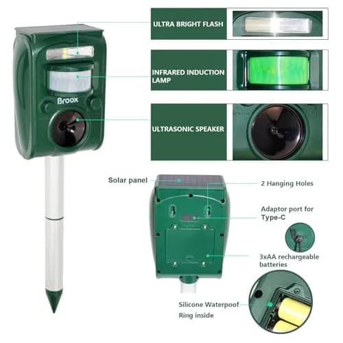 Broox Solar Animal Repellent Ultrasonic Pest Repeller with Motion Detection & LED Flashing Light | 11.5cm (4.5in) Width thumbnail 4