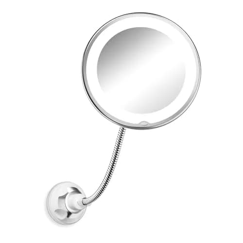 Brightown 10x Magnifying Makeup Mirror with Light & Flexible Gooseneck, 7.5 inch Round Mirror | Battery Operated Suction Mount thumbnail 1