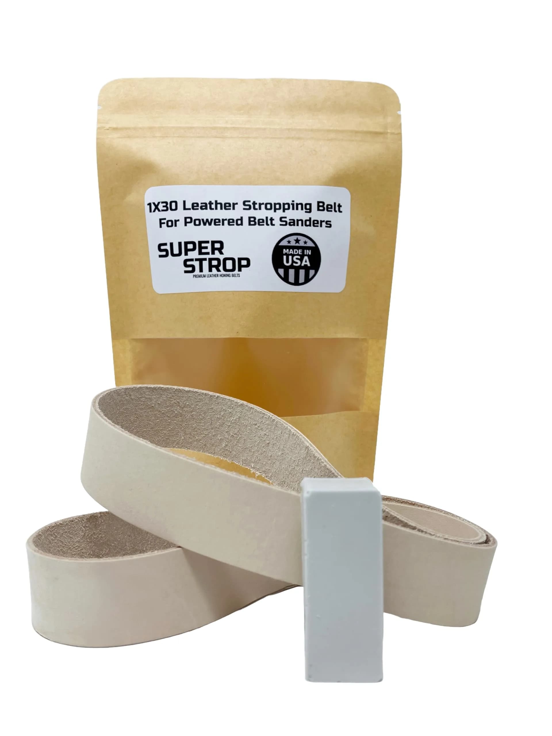 Super Strop 1x30 Leather Honing Belts 2 Pack with White & Green Compounds | 180 Grit Ultra Fine — Brown
