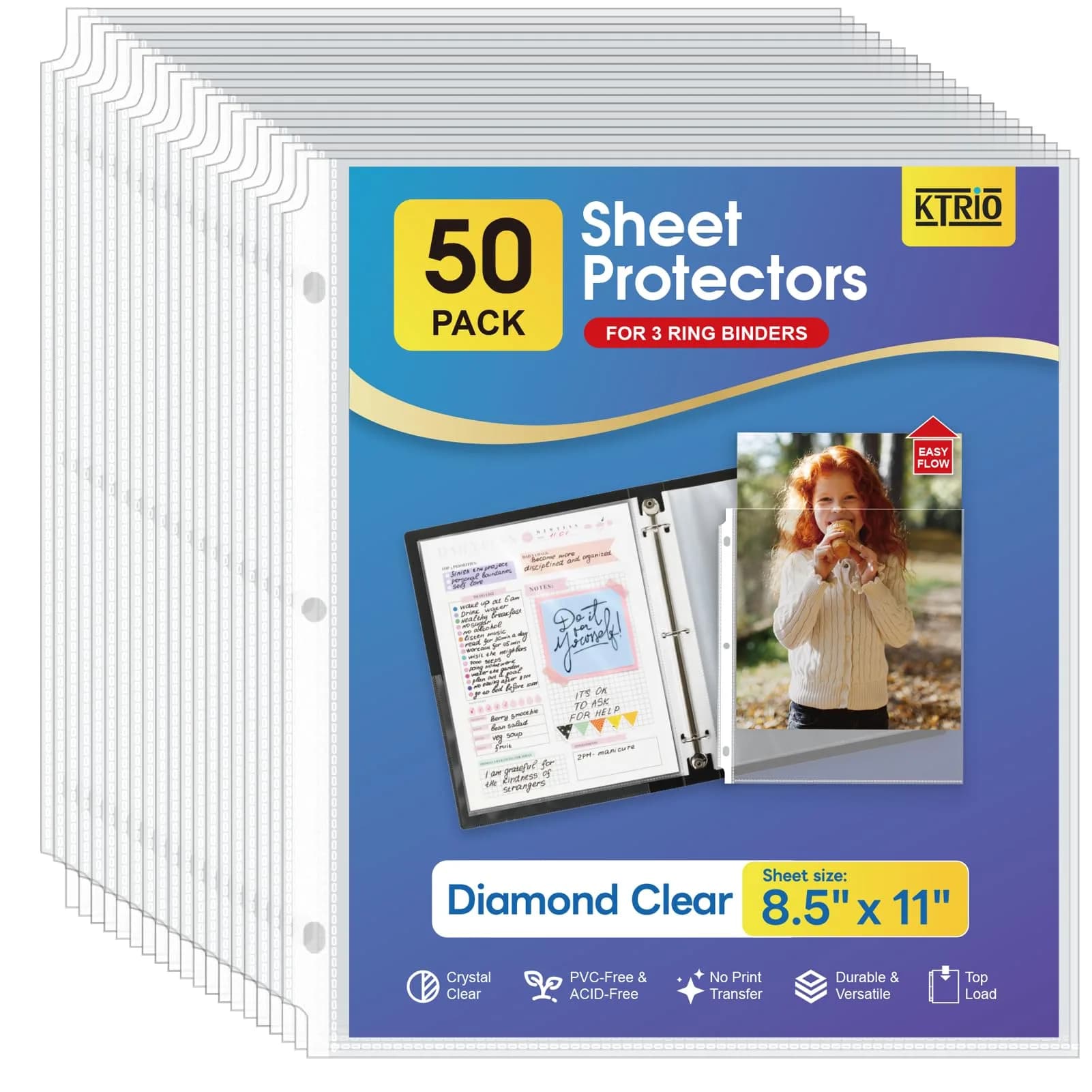 KTRIO Sheet Protectors 8.5 x 11 in (21.59 x 27.94 cm), 50 Pack | Clear Polypropylene for 3 Ring Binders