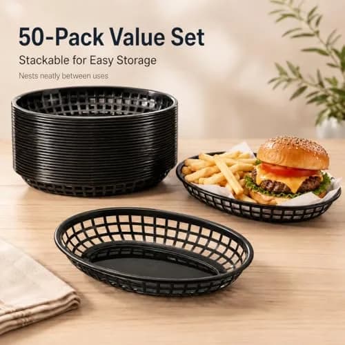 Kingrol Black Oval Fast Food Baskets, 50 Pack 22.6cm (8.8") x 14.4cm (5.6") | Food Serving Tray for Sandwiches, Burgers, Nachos, Fries, Plastic Storage Basket Bin thumbnail 5