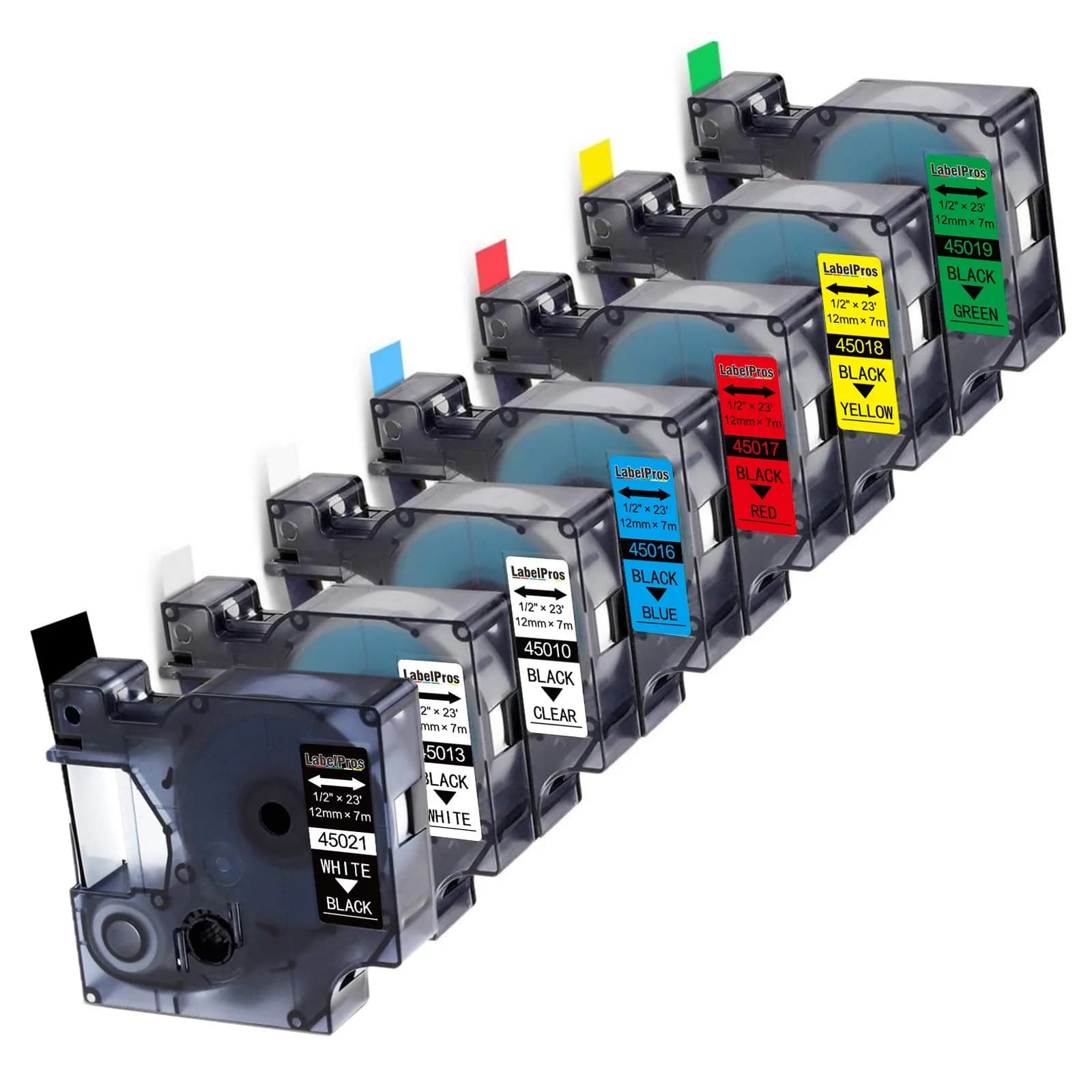 LabelPros Compatible Dymo D1 Label Tape 7-Pack | 12mm (1/2") x 7m (23ft) Black on White, Clear, Blue, Red, Yellow, Green, White on Black - main product image