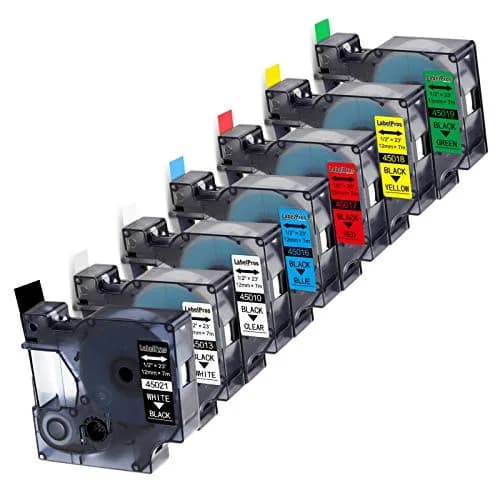 LabelPros Compatible Dymo D1 Label Tape 7-Pack | 12mm (1/2") x 7m (23ft) Black on White, Clear, Blue, Red, Yellow, Green, White on Black thumbnail 1