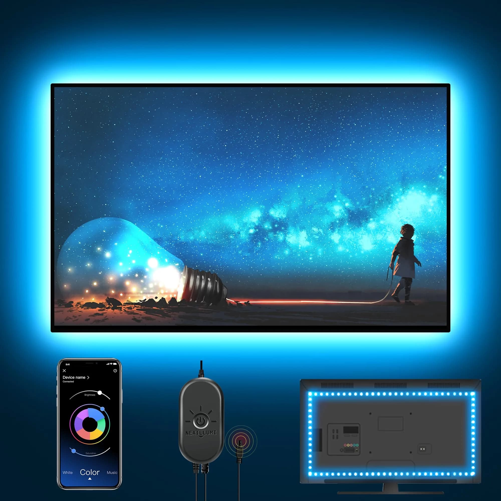 Nexillumi LED Strip Lights 5m (16.4ft) for 55-75 Inch TVs | App & Music Sync Ambient Lighting — RGB (Red, Green, Blue)
