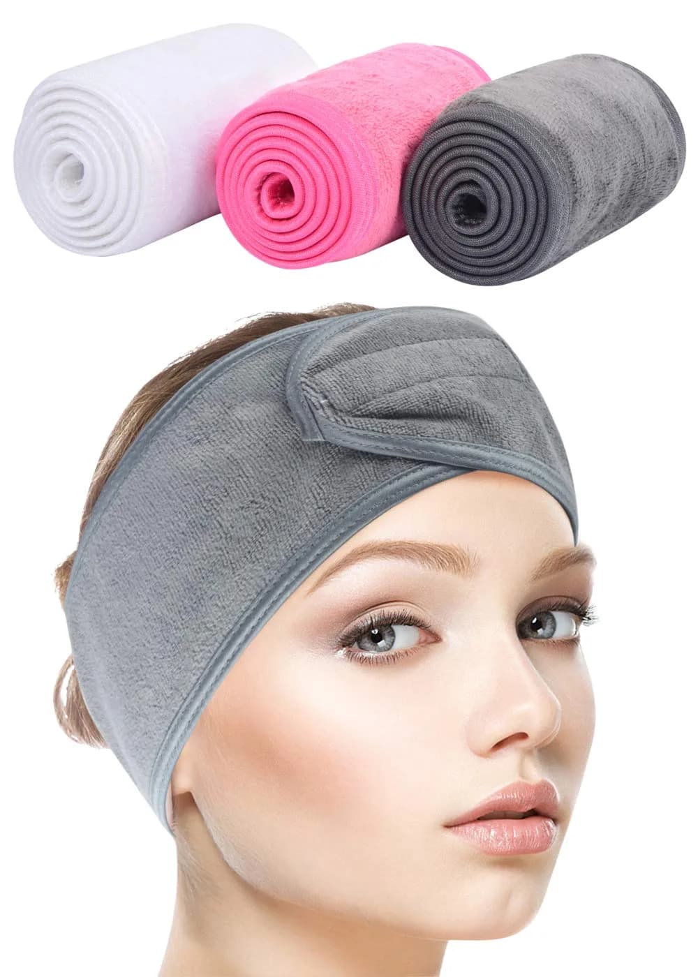 SINLAND Adjustable Spa Facial Headband 3 Pack Grey | Soft Terry Cloth for Face Washing & Makeup — Multi-colored*3