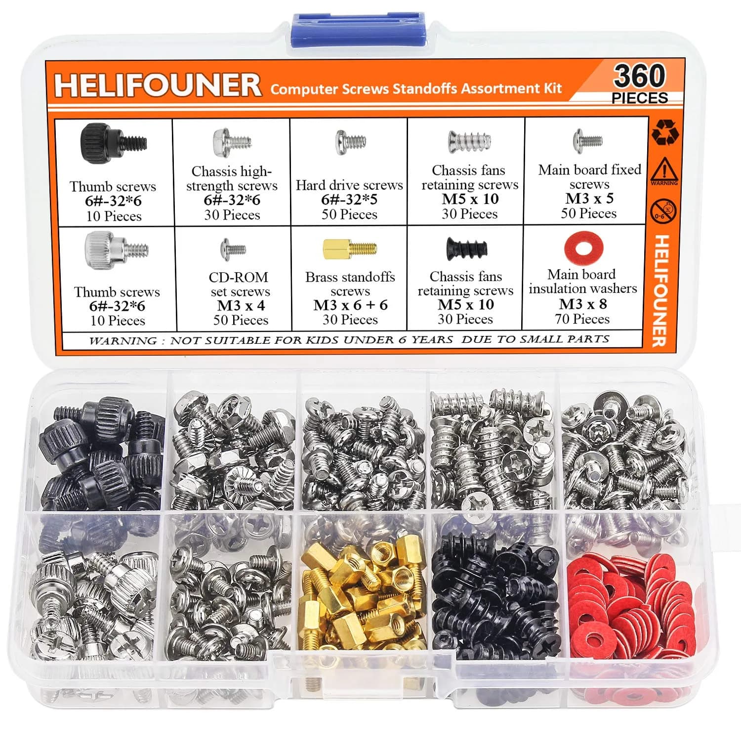 HELIFOUNER 360 Pieces Computer Screw Assortment Kit for Hard Drive, Motherboard, Fan, Power, Graphics | High-Quality Brass & Steel - main product image