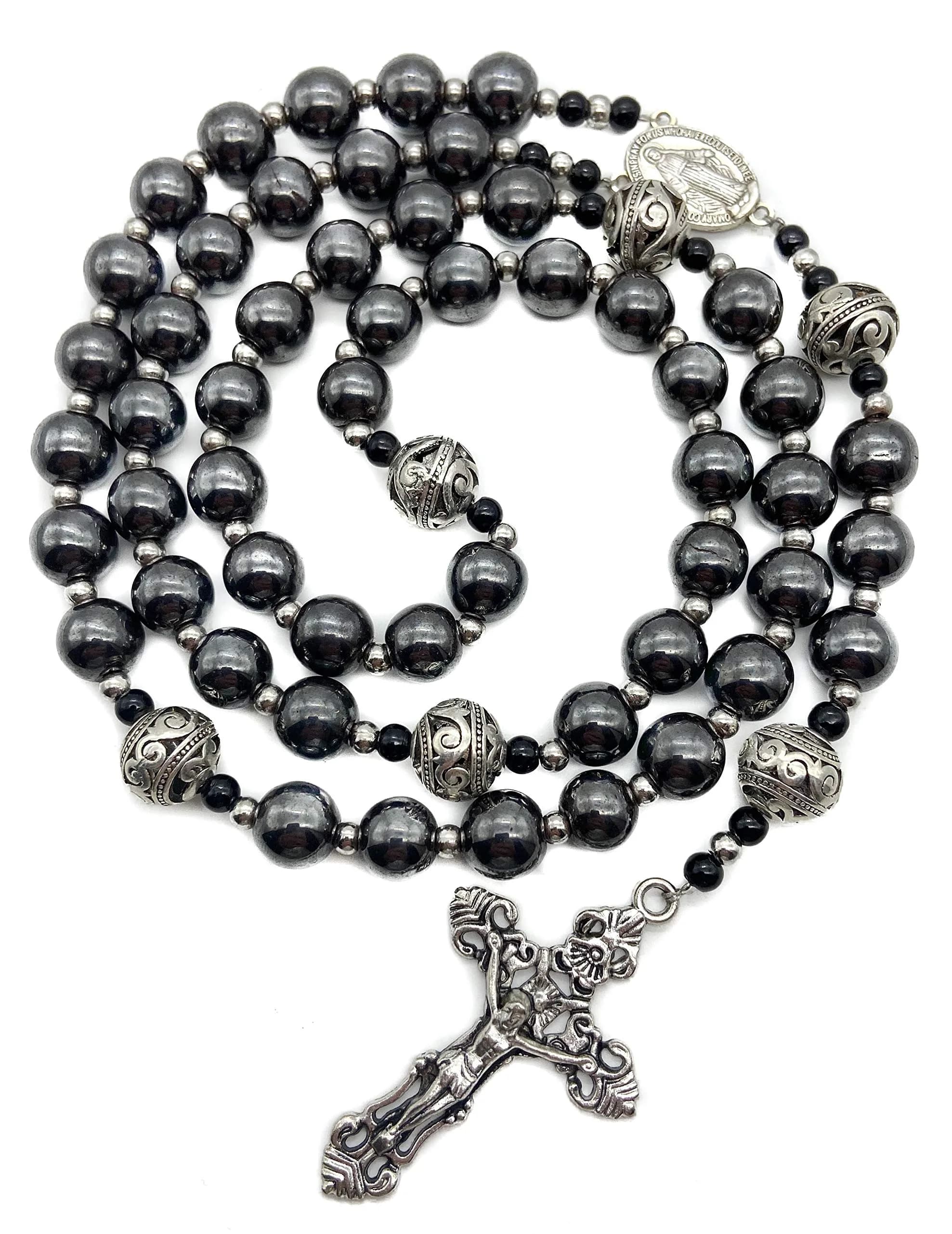Nazareth Store Hematite Rosary Black Stone Beads Necklace Metal Cross Miraculous Medal 50cm (20") | Spiritual Prayer Meditation - main product image