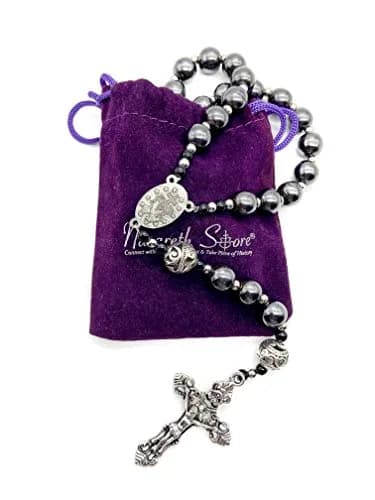 Nazareth Store Hematite Rosary Black Stone Beads Necklace Metal Cross Miraculous Medal 50cm (20") | Spiritual Prayer Meditation thumbnail 4