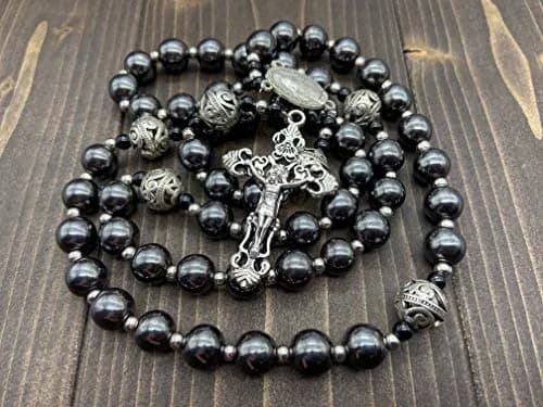 Nazareth Store Hematite Rosary Black Stone Beads Necklace Metal Cross Miraculous Medal 50cm (20") | Spiritual Prayer Meditation thumbnail 7