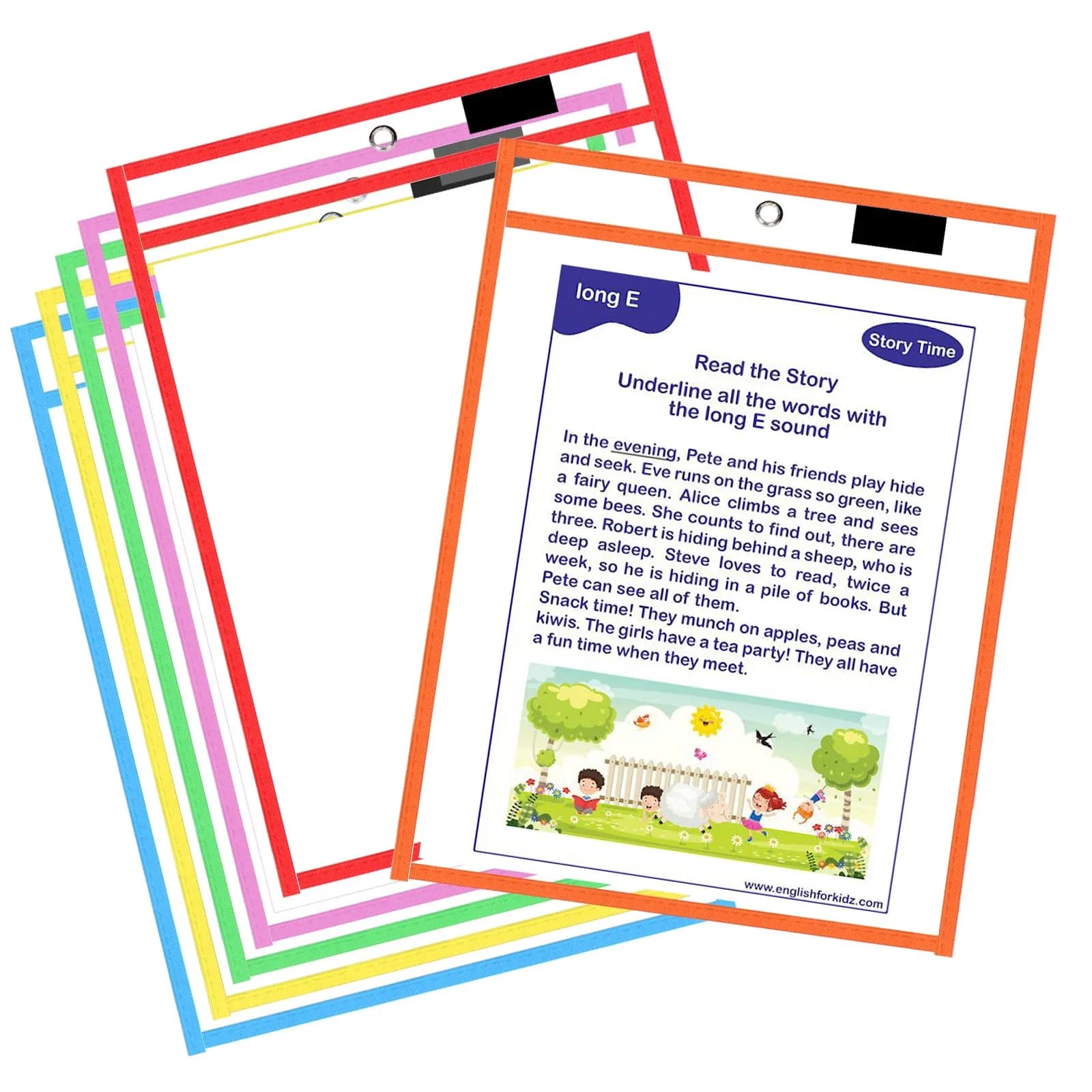 Ufamrine 6 Pcs Dry Erase Pockets Sleeves Colorful, Job Ticket Holders 25cm x 33cm | Reusable Plastic Sleeves for Classroom