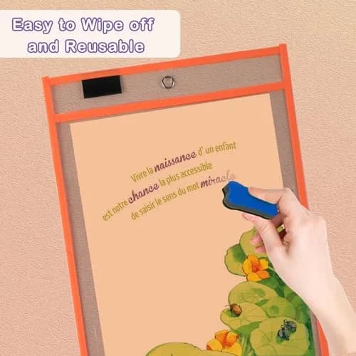 Ufamrine 6 Pcs Dry Erase Pockets Sleeves Colorful, Job Ticket Holders 25cm x 33cm | Reusable Plastic Sleeves for Classroom thumbnail 5