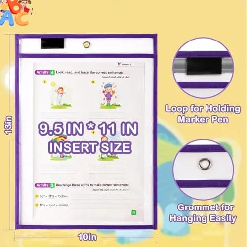 Ufamrine 6 Pcs Dry Erase Pockets Sleeves Colorful, Job Ticket Holders 25cm x 33cm | Reusable Plastic Sleeves for Classroom thumbnail 2