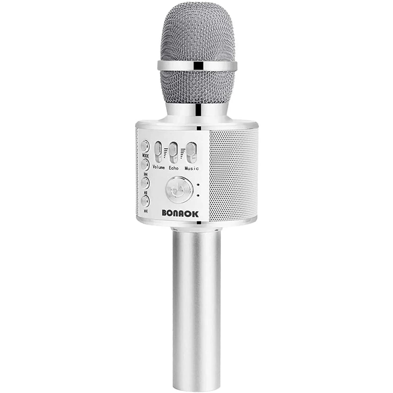 BONAOK Bluetooth Karaoke Microphone Silver | Portable Handheld Mic for Adults & Kids