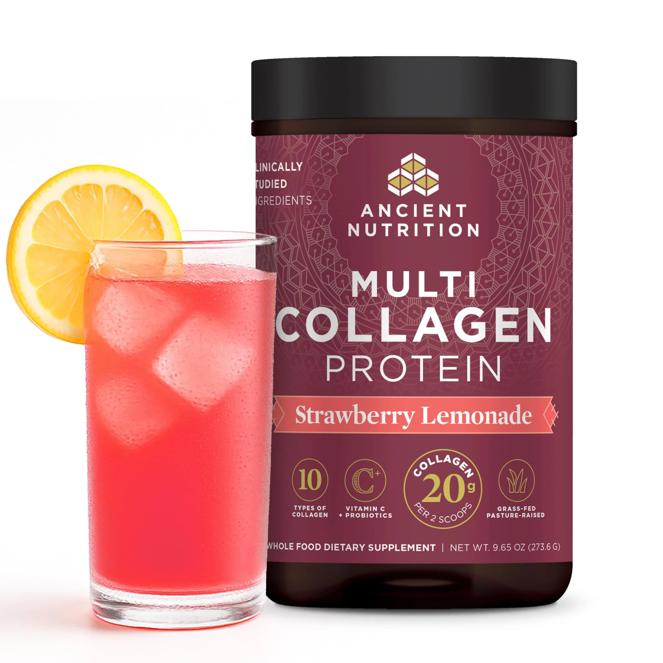 Ancient Nutrition Strawberry Lemonade protein powder tub Collagen 24 servings