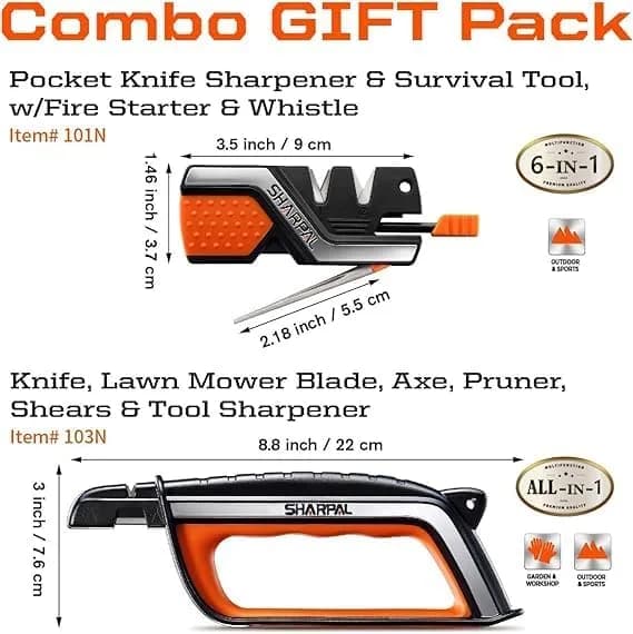 SHARPAL Pocket Knife Sharpener & Garden Tool Sharpener Combo Gift Pack | 6-In-1 Survival Tool with Fire Starter & Whistle thumbnail 2