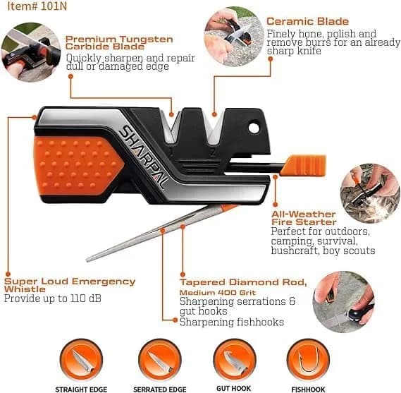 SHARPAL Pocket Knife Sharpener & Garden Tool Sharpener Combo Gift Pack | 6-In-1 Survival Tool with Fire Starter & Whistle thumbnail 5