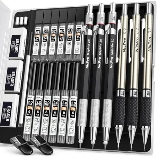 Nicpro 6PCS Art Mechanical Pencil Set with 0.5/0.7/0.9/2.0mm Leads & Erasers | Value Pack for Students & Professionals thumbnail 1